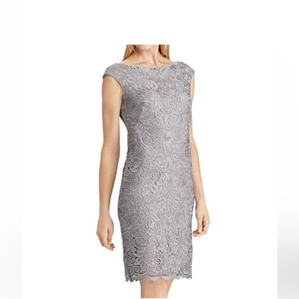 Ralph Lauren Evening Gray Lace Overlay Sheath Dress 10